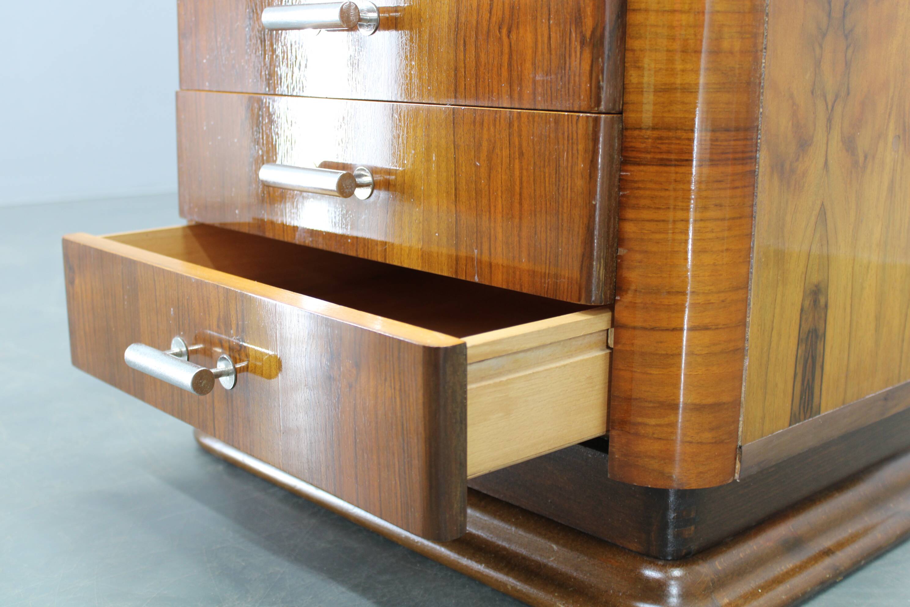 Art Deco walnut nightstand with black opaxite glass, Czechoslovakia 1930s