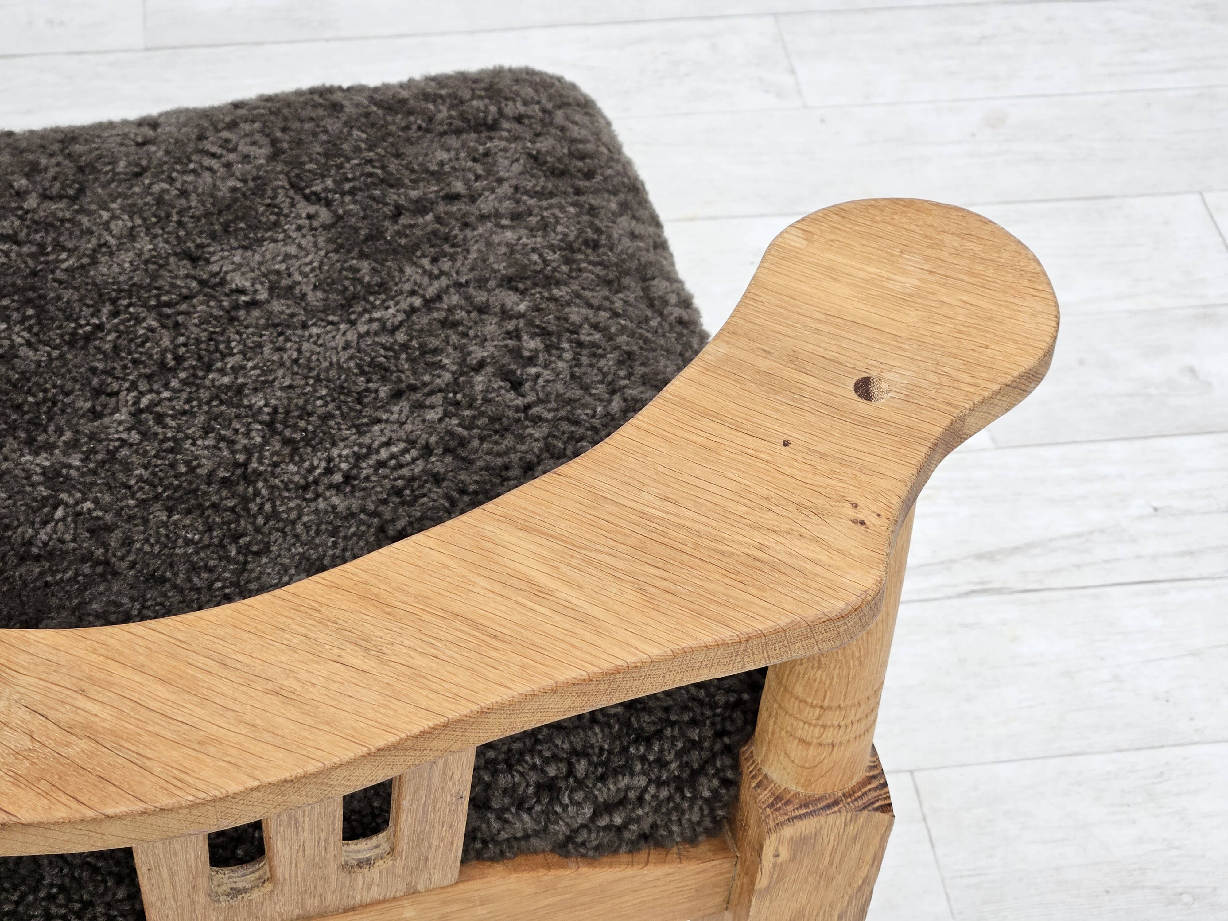1950s, Danish design, reupholstered armchair, New Zealand sheepskin, oak wood.