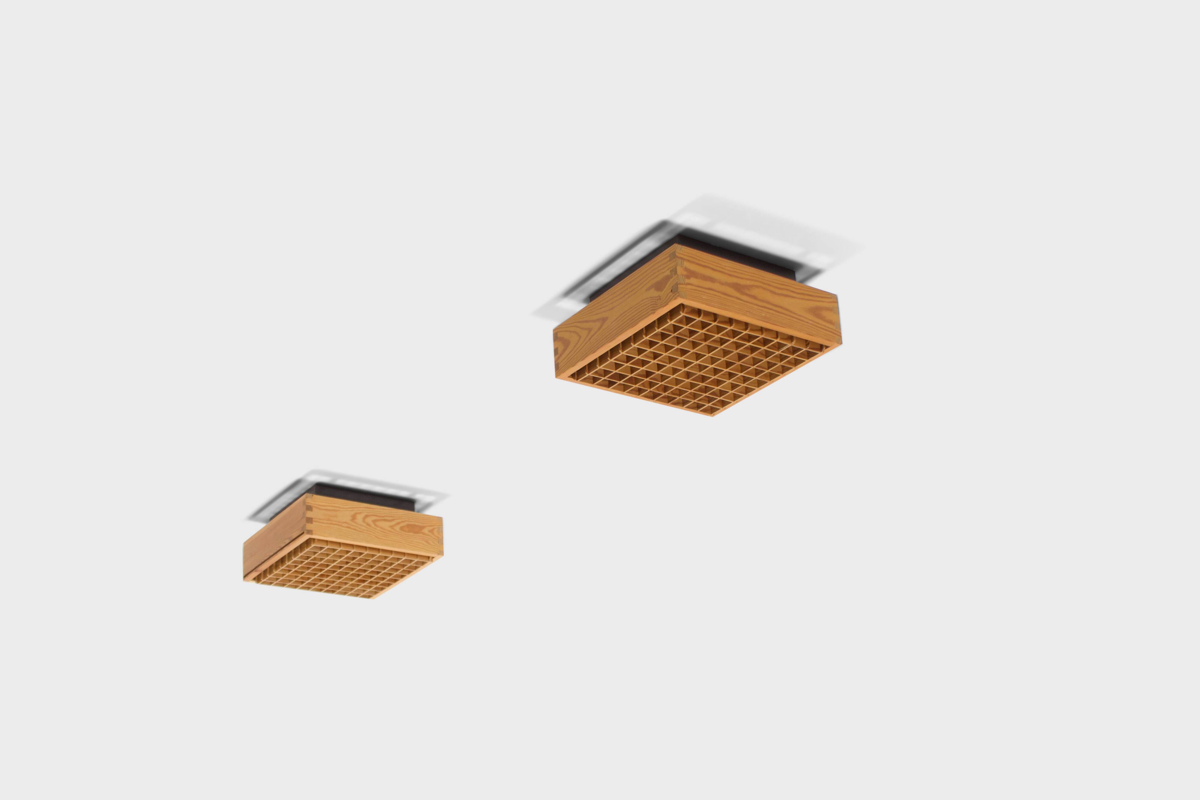 Square 1970s Pine Falkenbergs Belysning Flush Mounts, Sweden, 1970s