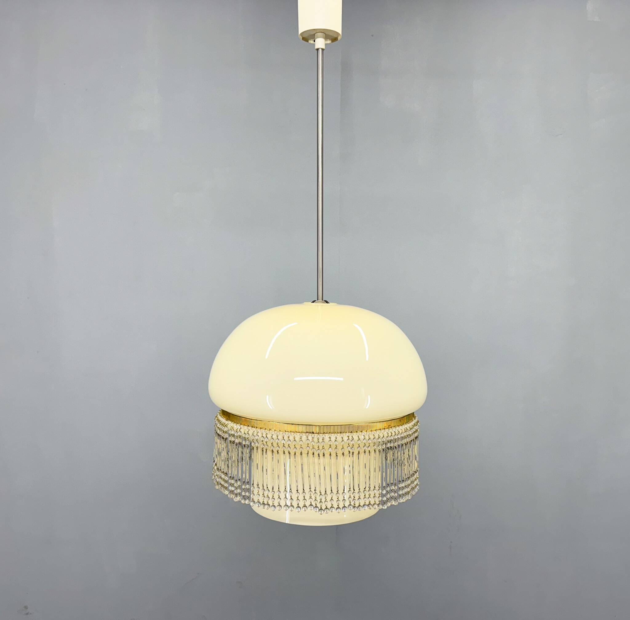 Mid-Century Opaline Glass Pendant Light with Brass Detail & Beads