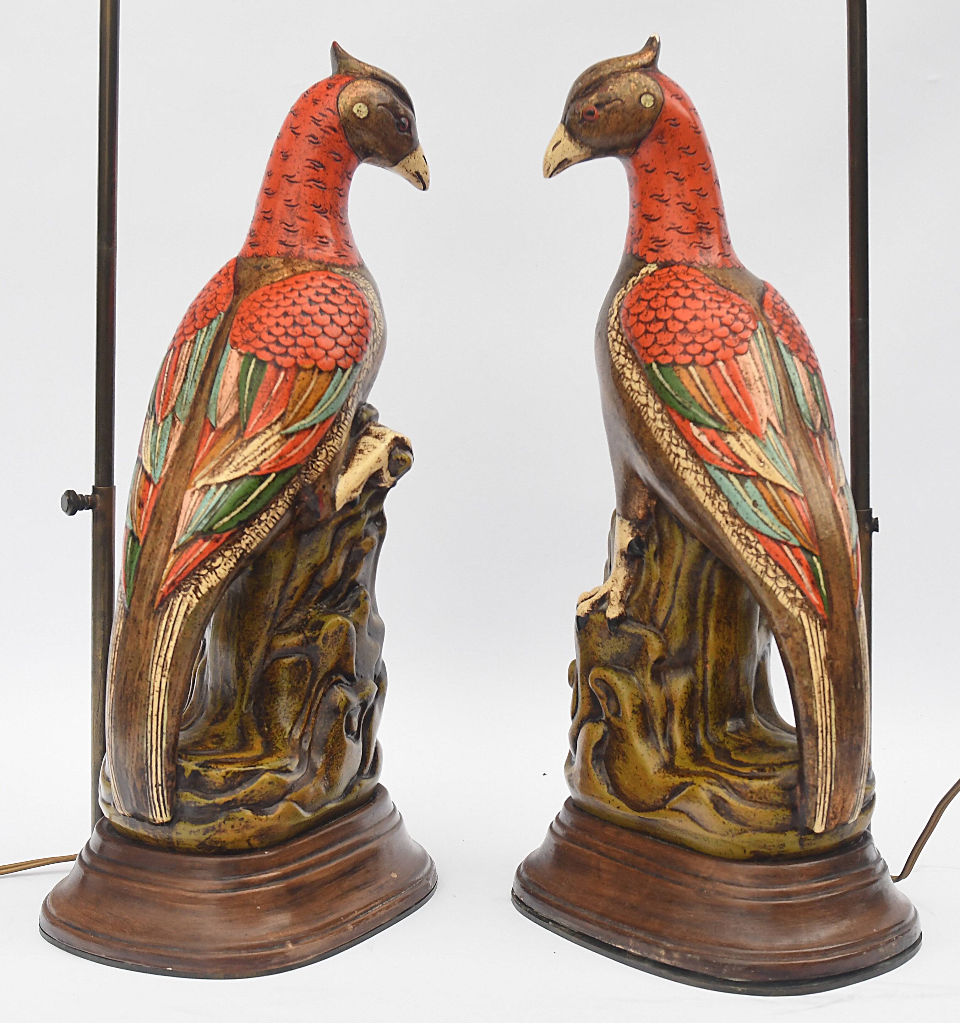 Pair of ceramic parrot lamps