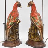 Pair of ceramic parrot lamps