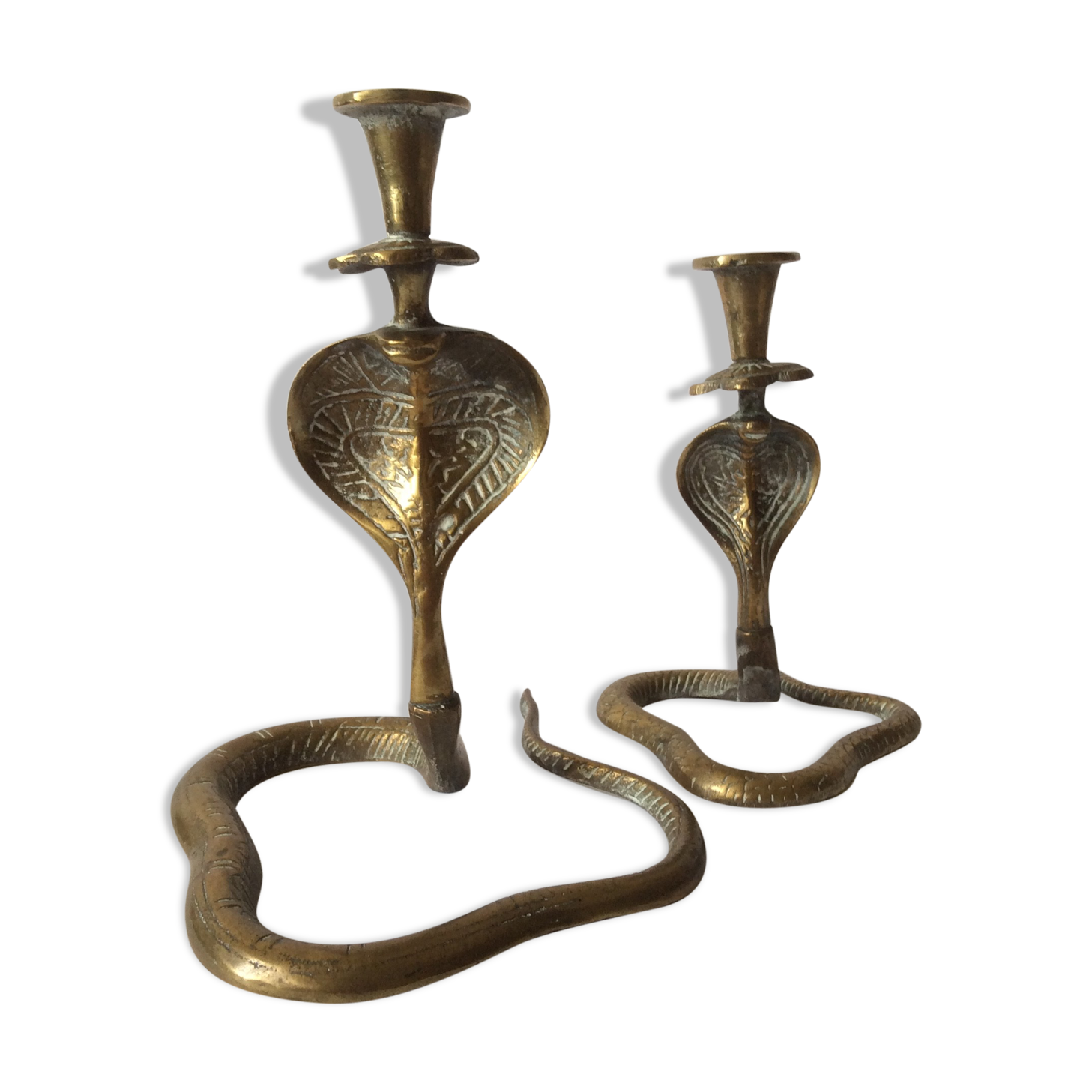 Two zoomorphic brass cobra snake candlesticks