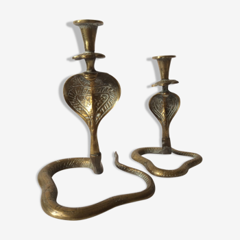Two zoomorphic brass cobra snake candlesticks
