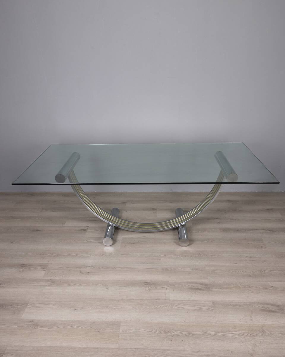 VINTAGE METAL, BRASS, AND GLASS TABLE BY RENATO ZEVI, 1970S