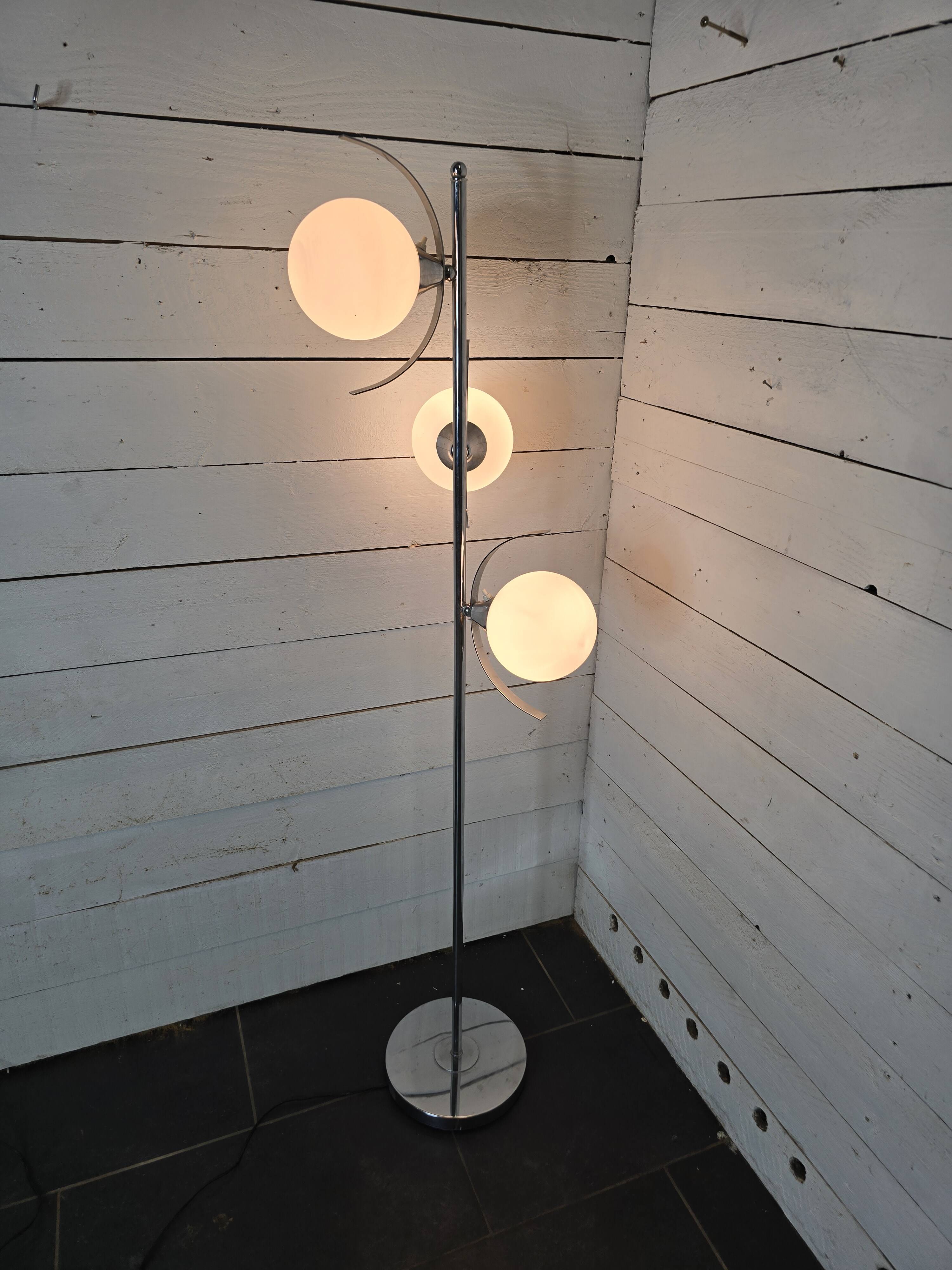 70s chrome metal floor lamp with 3 opaline ball lights