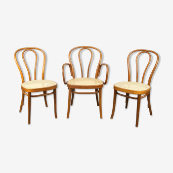 Chaises vintage en bois courbé et en canne, ensemble de 3