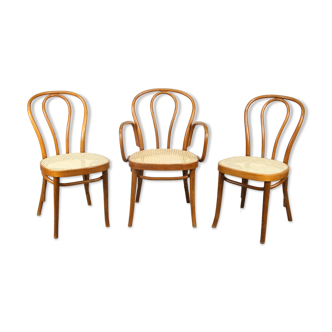 Chaises vintage en bois courbé et en canne, ensemble de 3