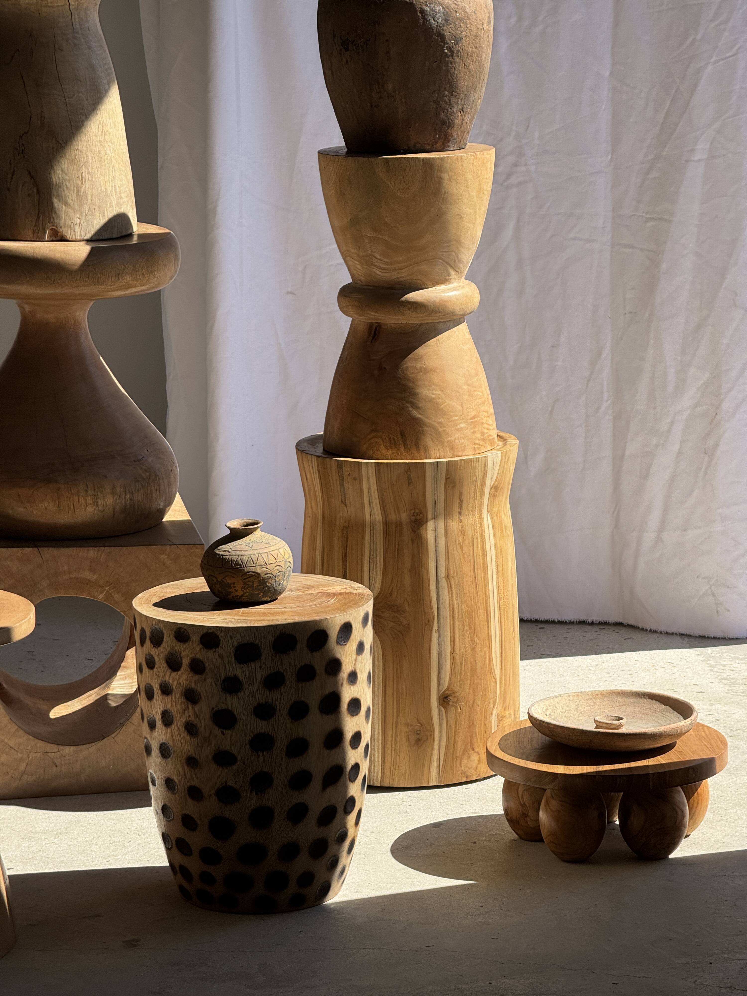 Stool, side table, cylindrical solid mango wood end table.