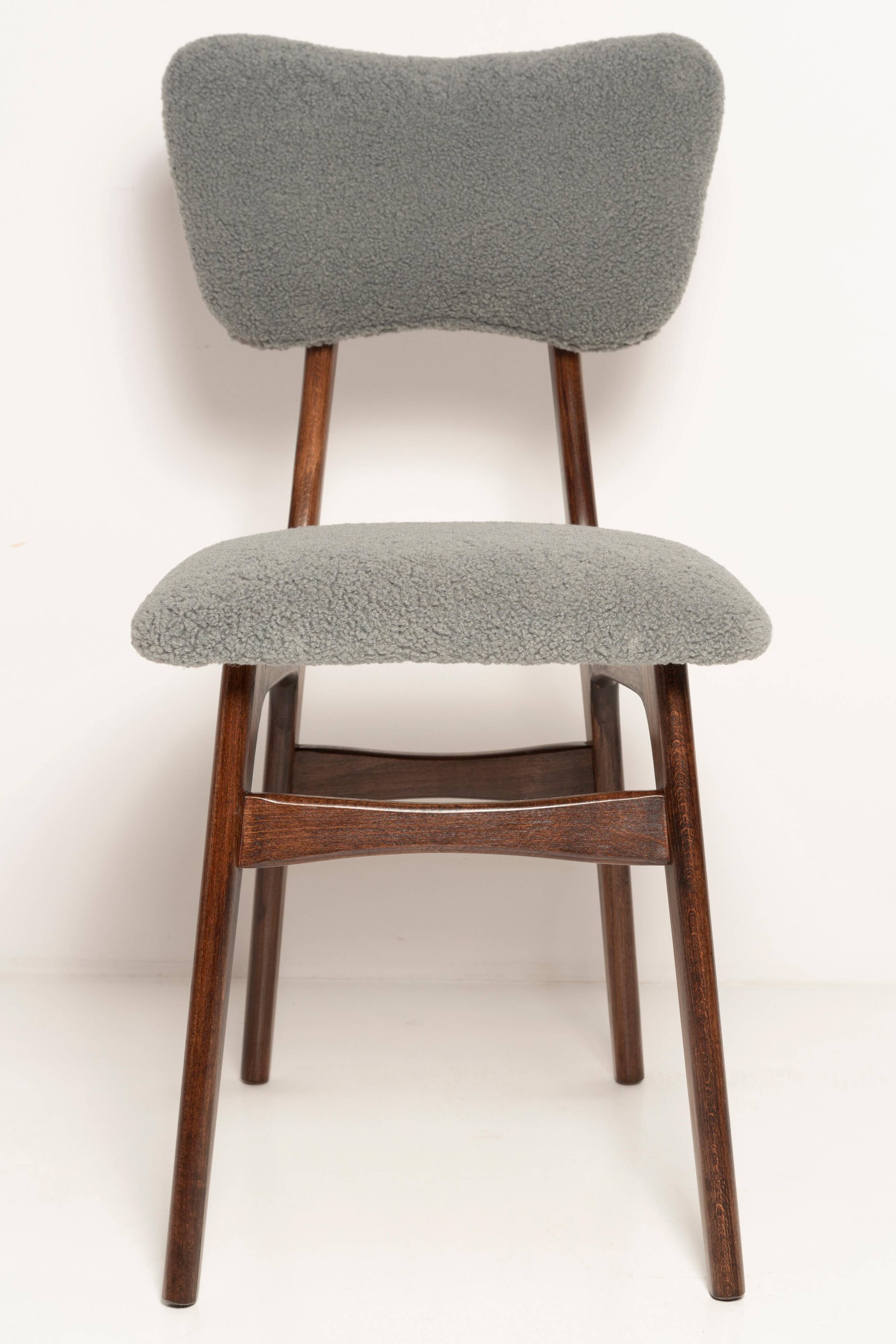Chaise de salle à manger papillon milieu du siècle, bouclé gris, bois noyer foncé, Europe, années 1960