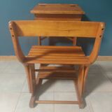 School desk circa 1950, bench, desk.