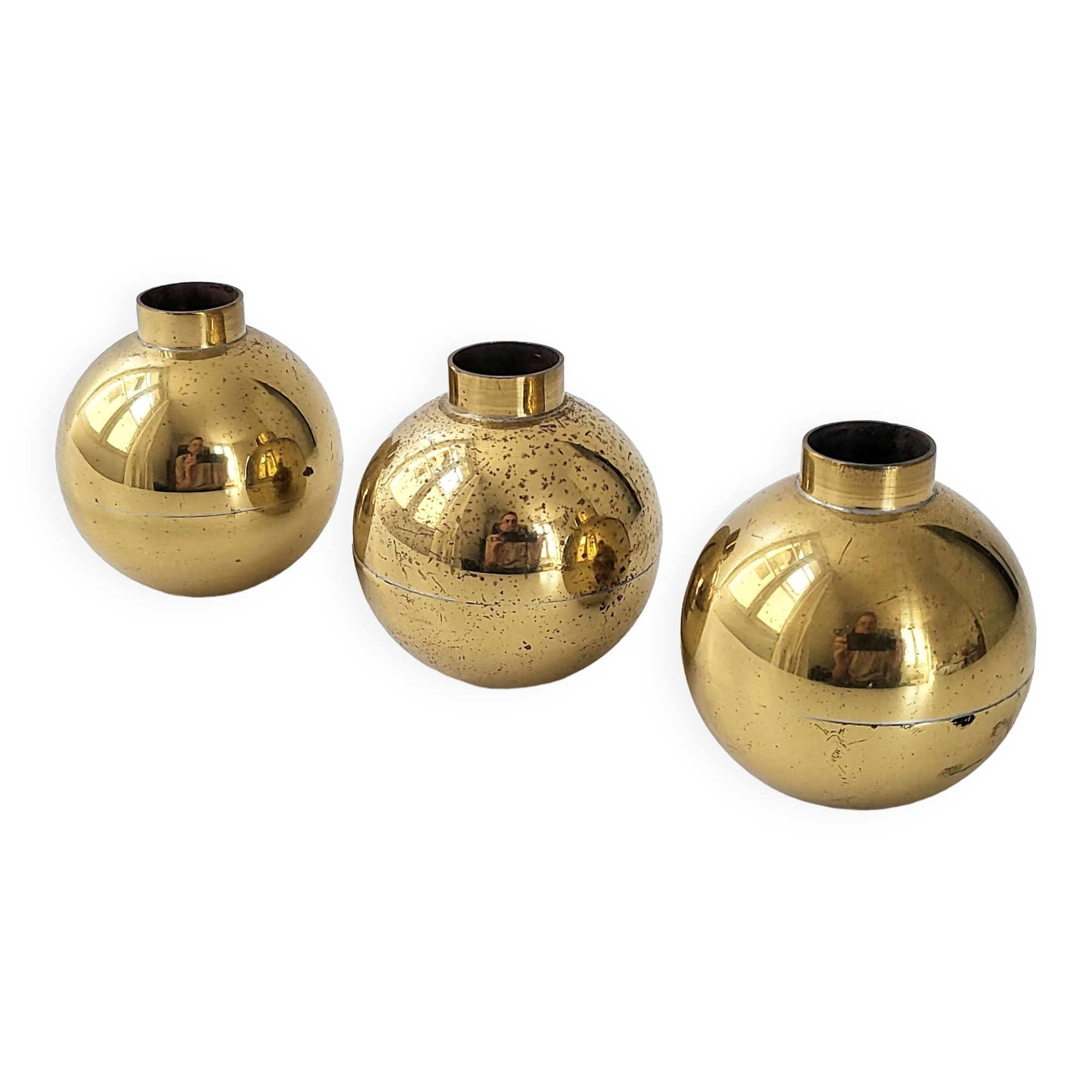 Suite of 3 candle holders in vintage solid brass 1950