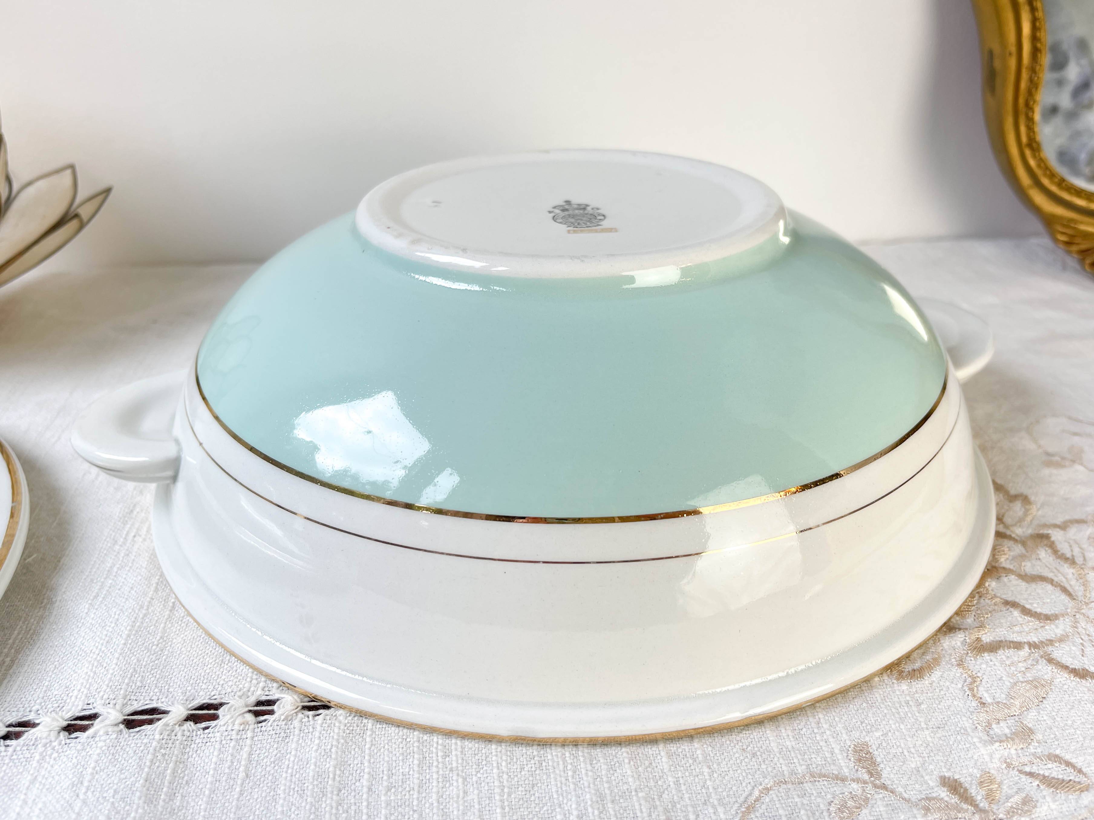 Vintage white and green porcelain tureen, Luneville, Epinay, France, 1950s