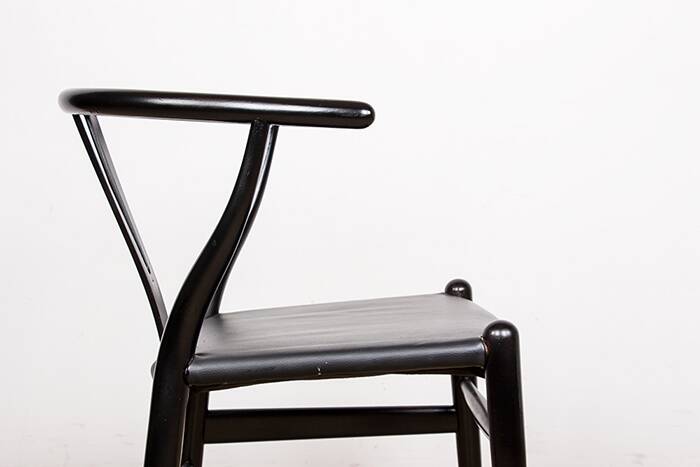 4 Danish chairs, black lacquered wood and leather, Wishbone model, Hans Wegner