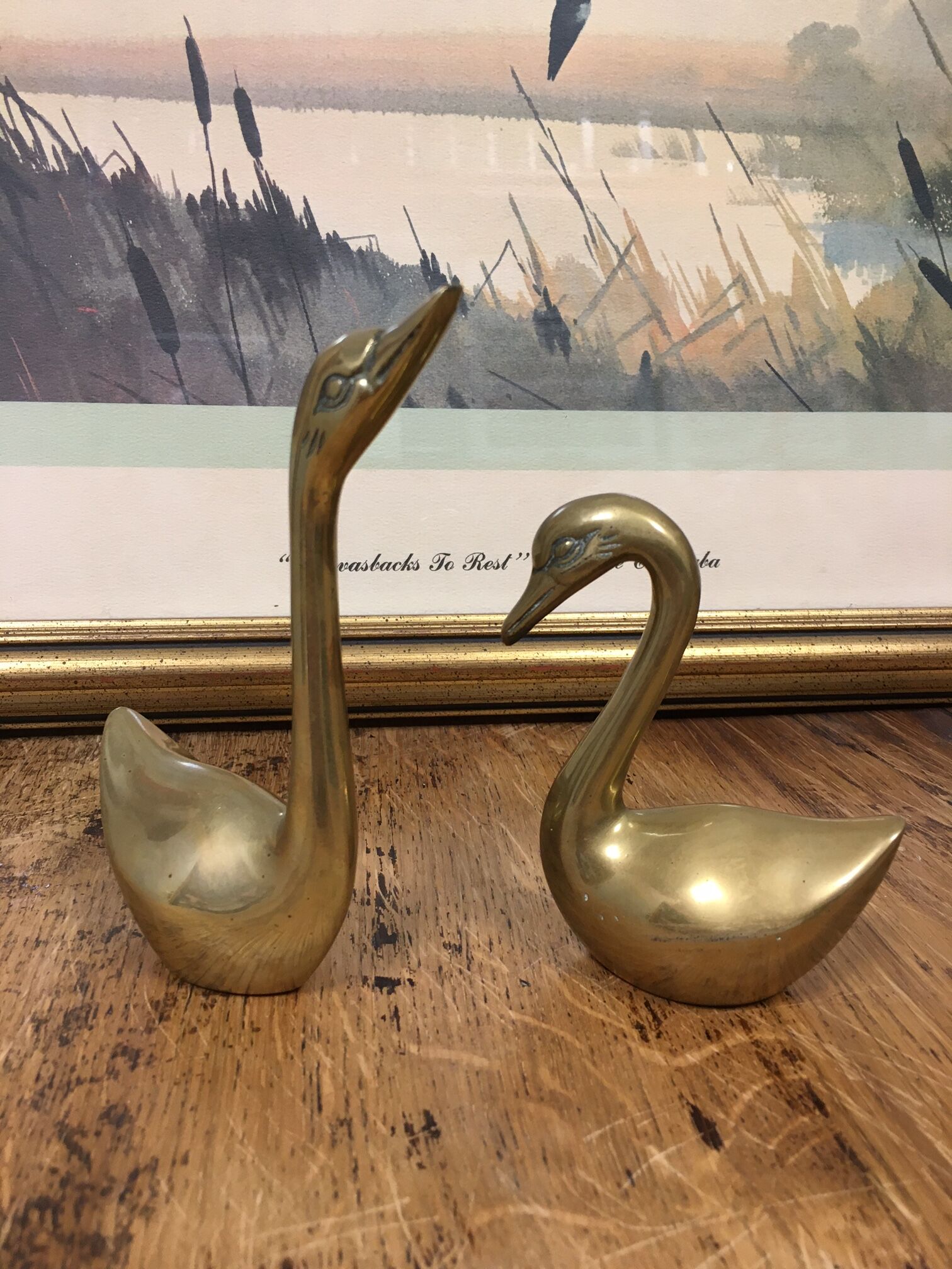 Pair of brass swans
