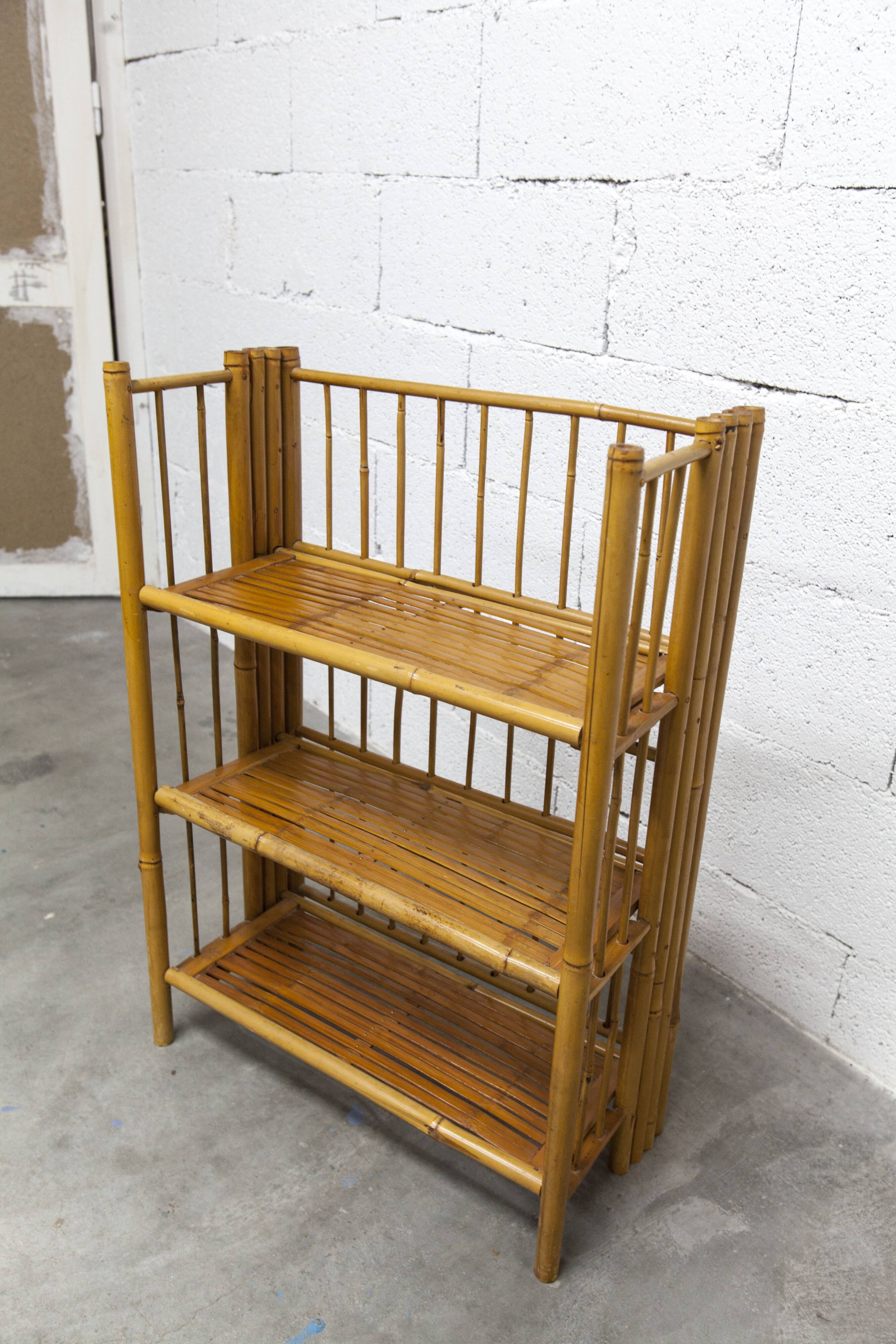 1970s honey-colored folding bamboo shelf