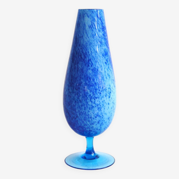 Vase vintage en verre coloré bleu moucheté, opaline