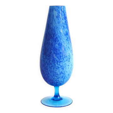 Vase vintage en verre coloré bleu moucheté, opaline