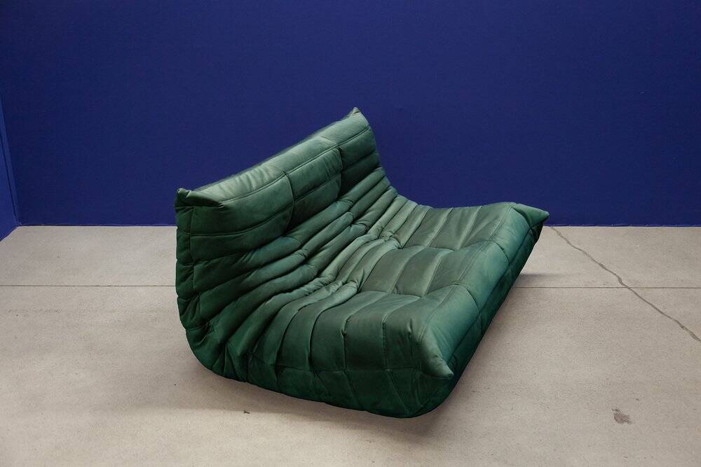 Bottle green velvet Togo living room set by Michel Ducaroy for Ligne Roset, set of 5