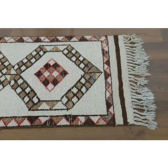 1970s Vintage Turkish Hand-Knotted Wool Cotton Beige Runner Rug 86x375