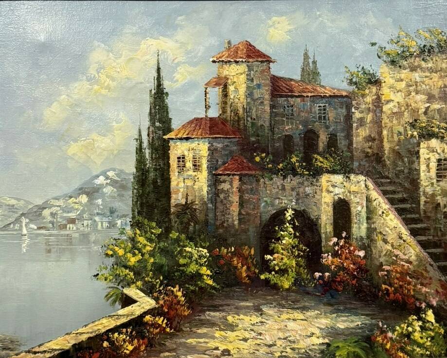Italian School: painting of a castle on the edge of a lake