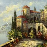 Italian School: painting of a castle on the edge of a lake