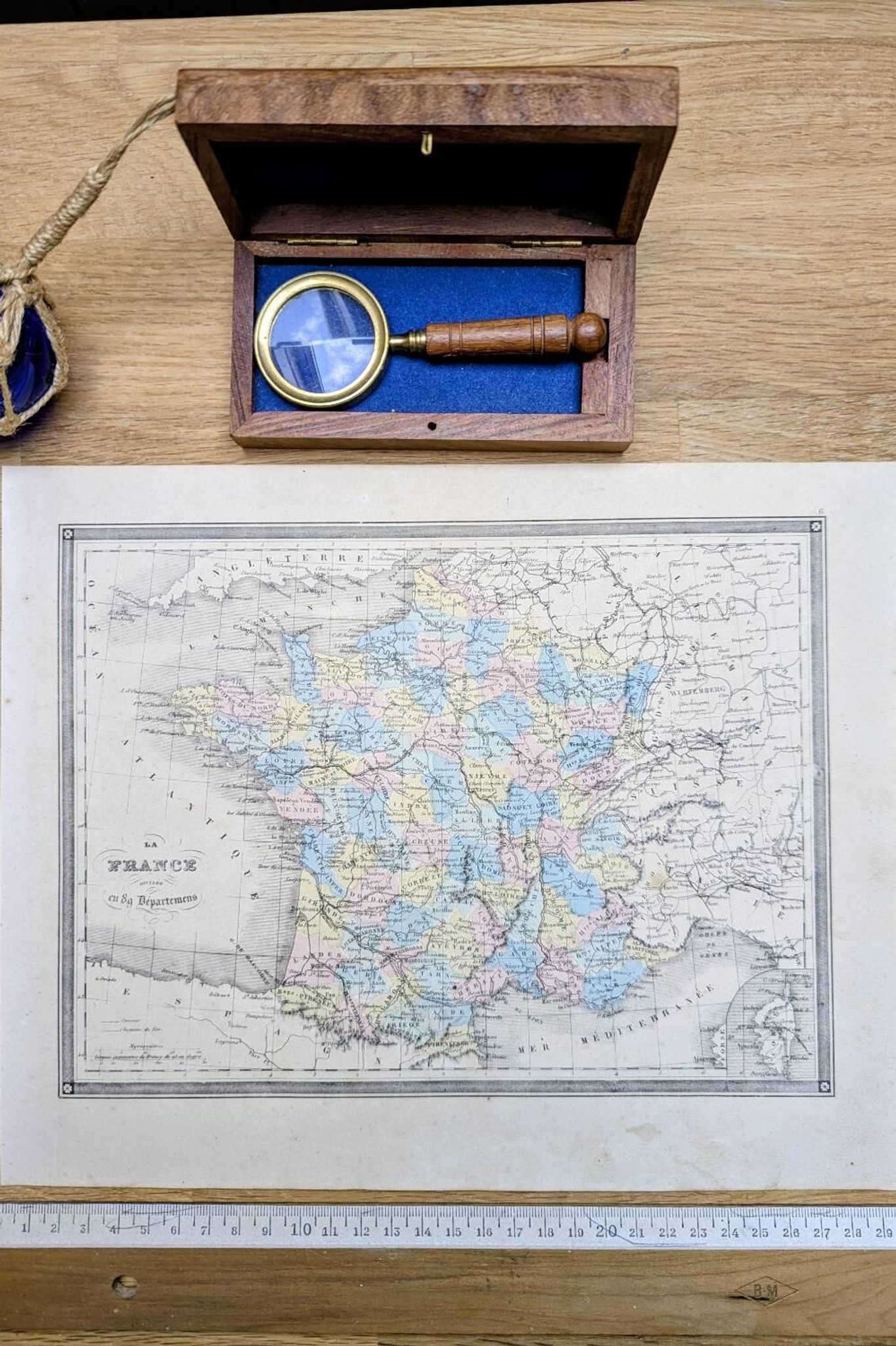France and departments, old map, printed in 1852. Authentic.