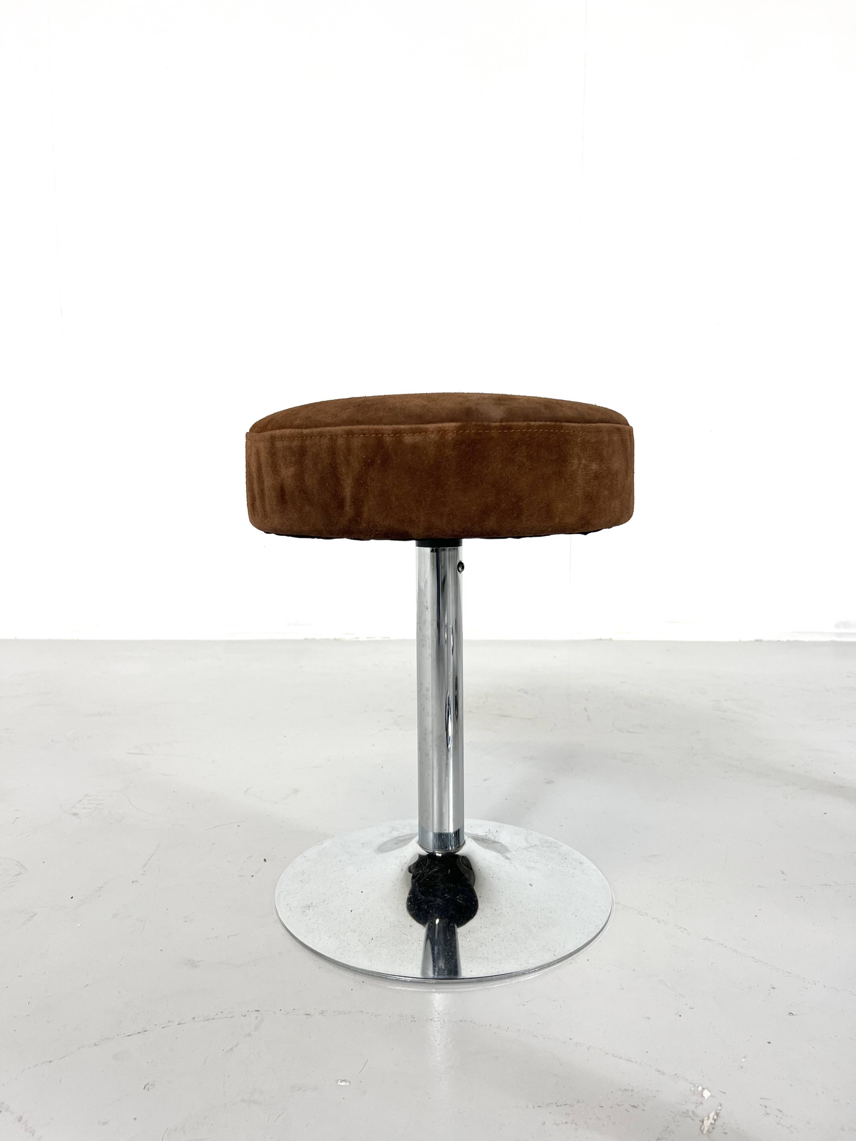 Mid-Century Stools, Chrome & Brown Leather Seat, 1970s, Set of 6