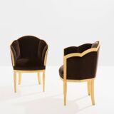 Maurice Dufrène pair of armchairs, gilded wood, brown velvet, 1925.