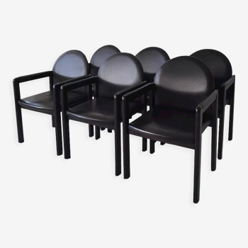 Six black leather and wood armchairs by bulo