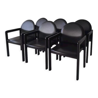 Six fauteuils en cuir noir et bois Bulo