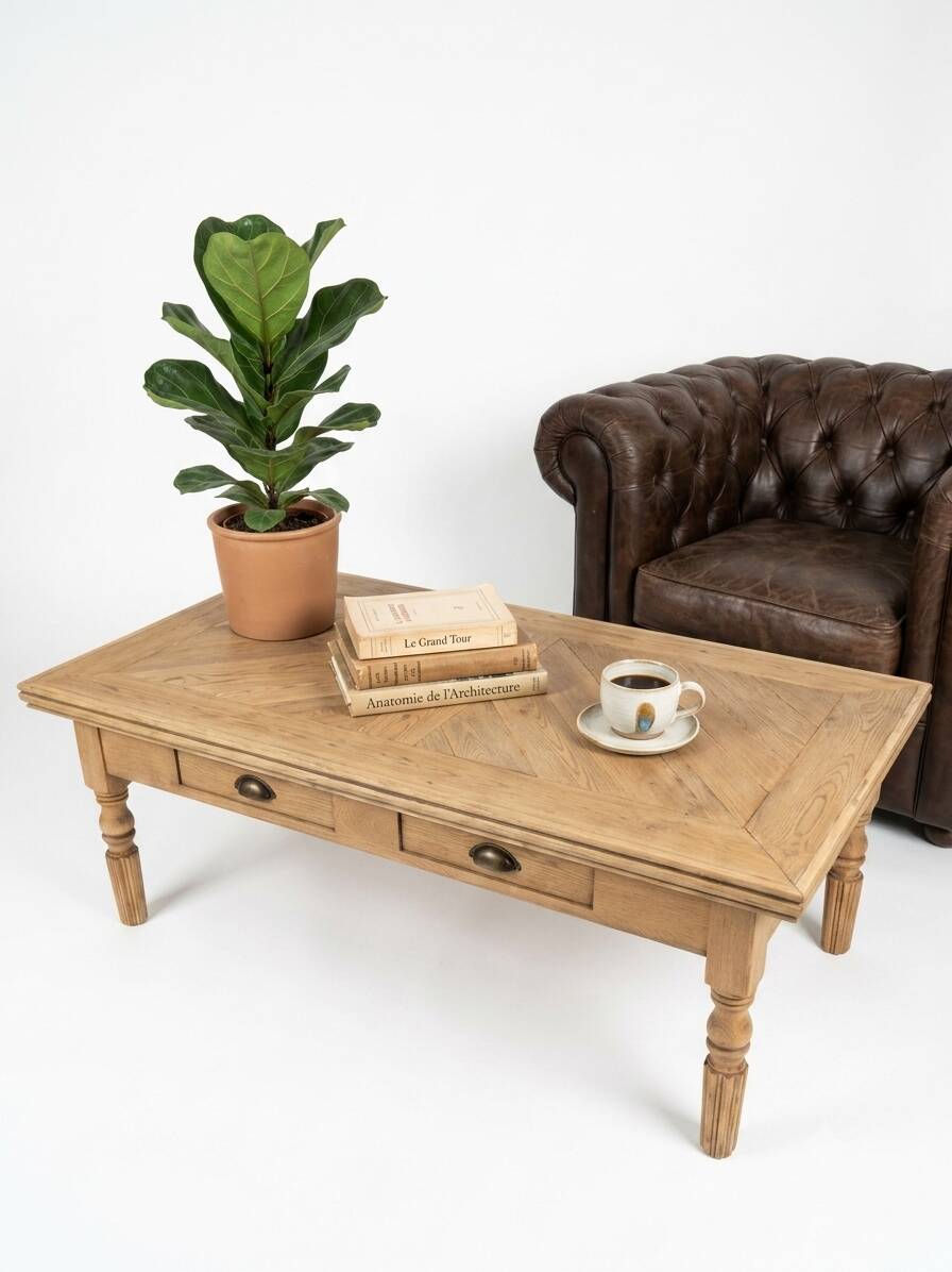 Table basse ancienne dessus sapin en pointe de Hongrie