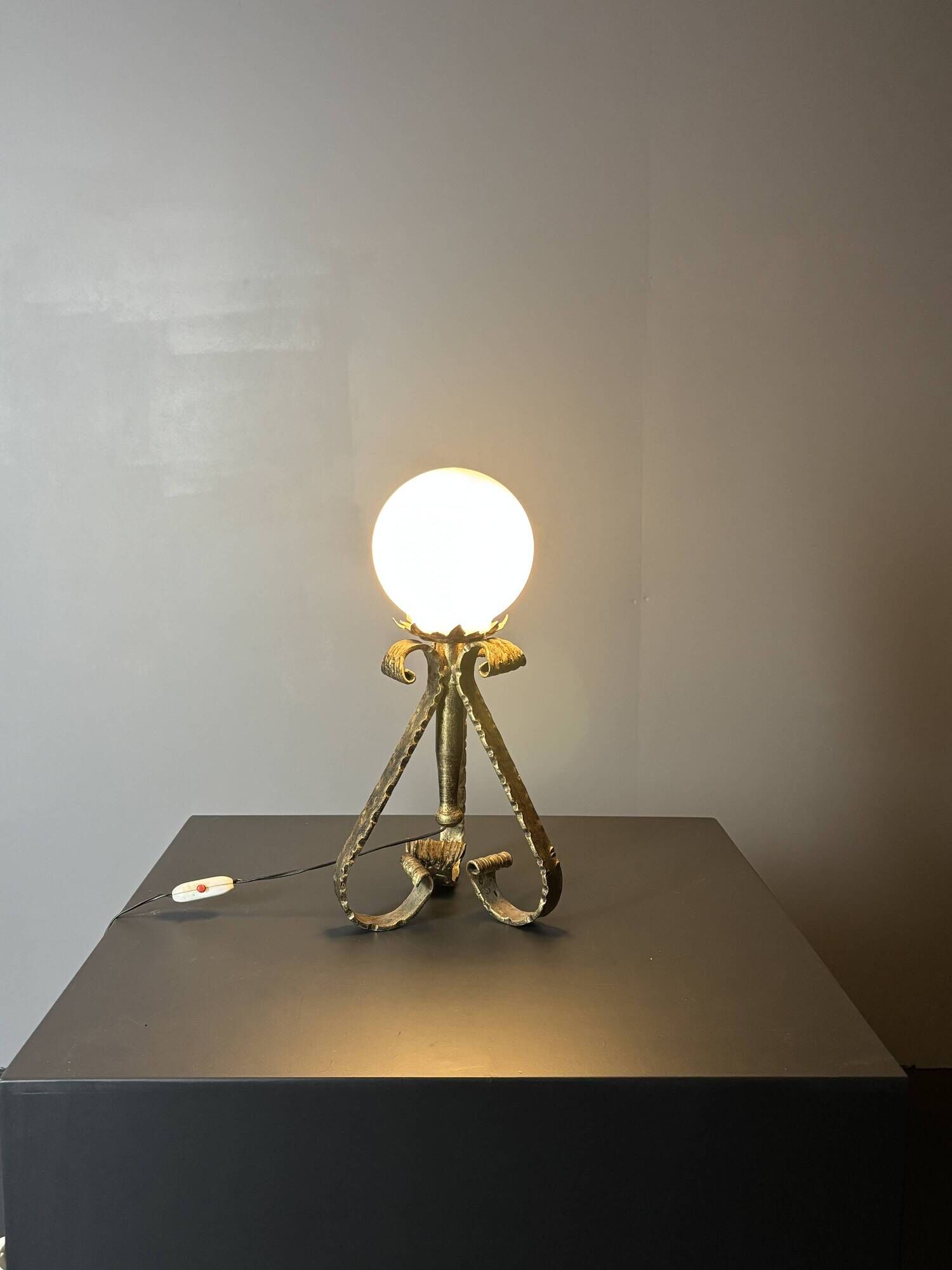 Midcentury brutalist wrought iron and opaline table lamp, Spain ca 1960s