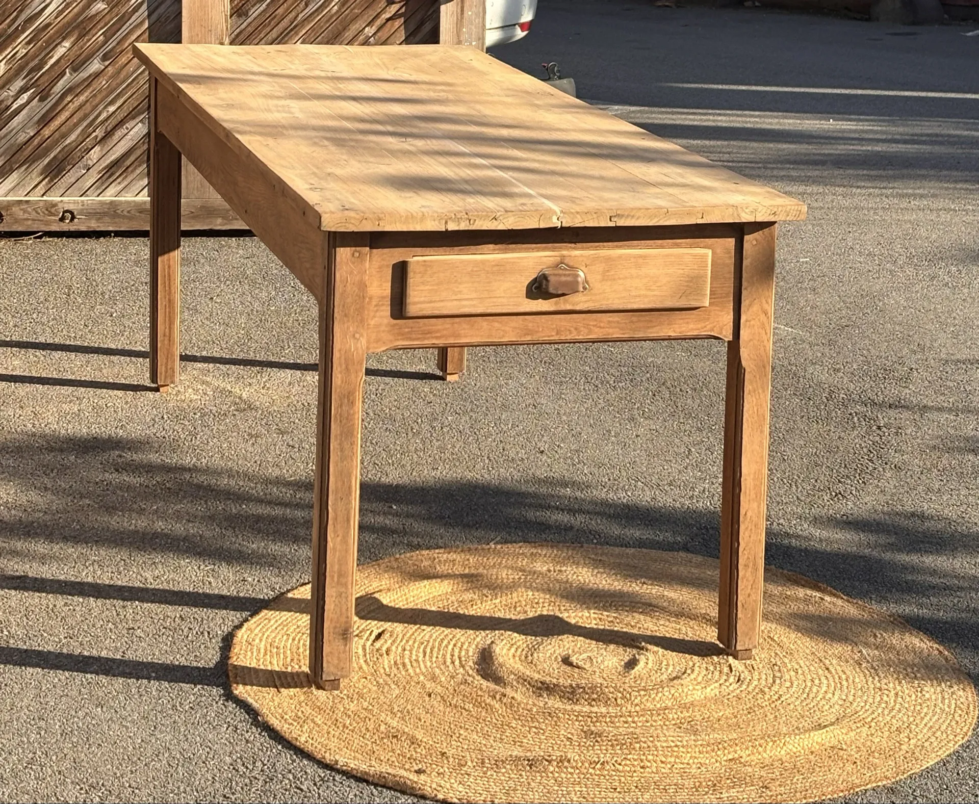 Large antique farmhouse table in solid raw oak with 1 drawer - 2m