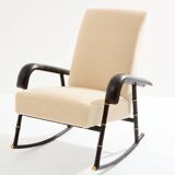 Jacques Adnet Rocking chair and ottoman in leather and mohair velvet 1950