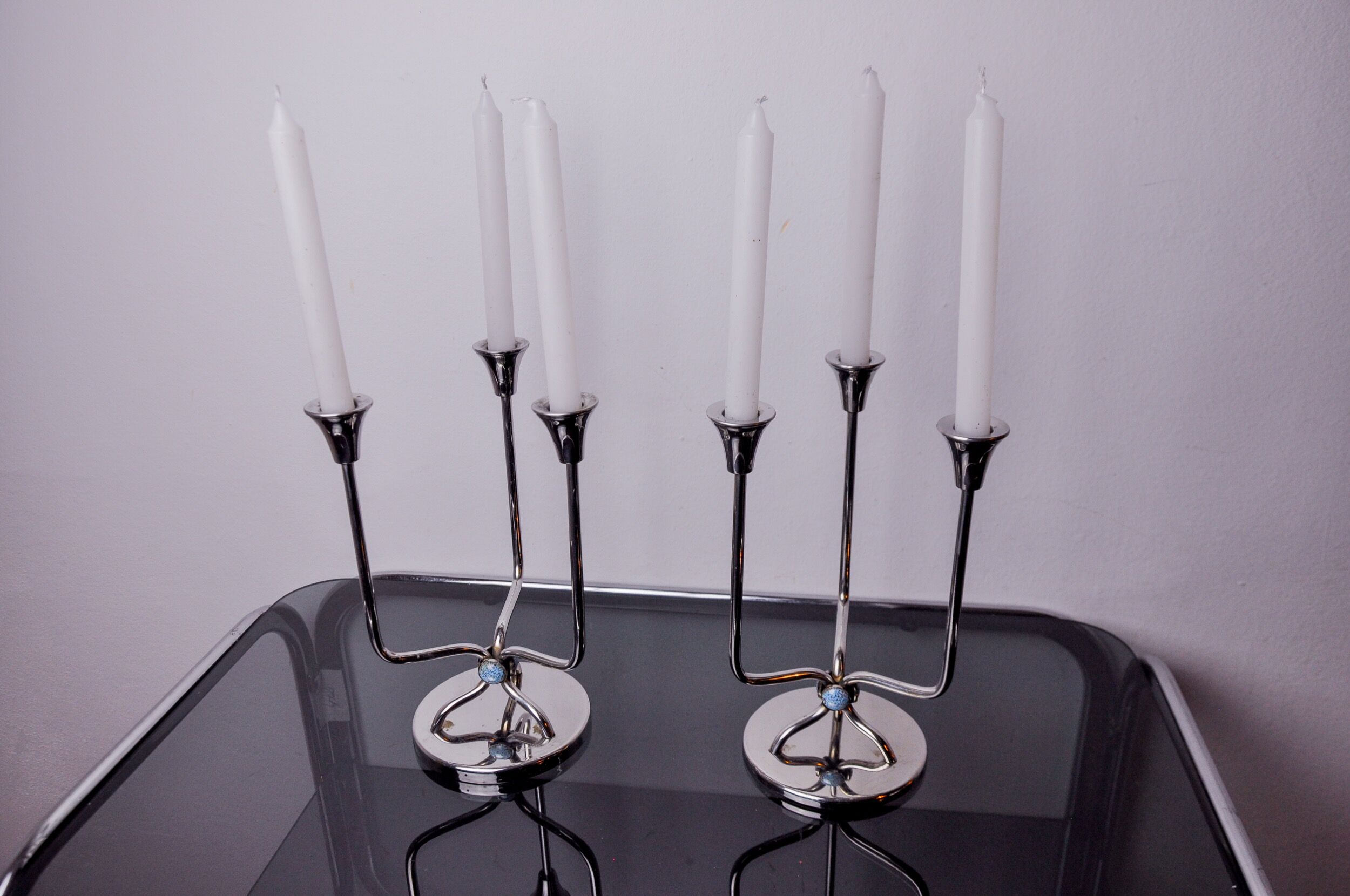 Pair of art deco candlesticks in stainless steel 3 flames and blue stones, Spain, 1970