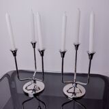 Pair of art deco candlesticks in stainless steel 3 flames and blue stones, Spain, 1970