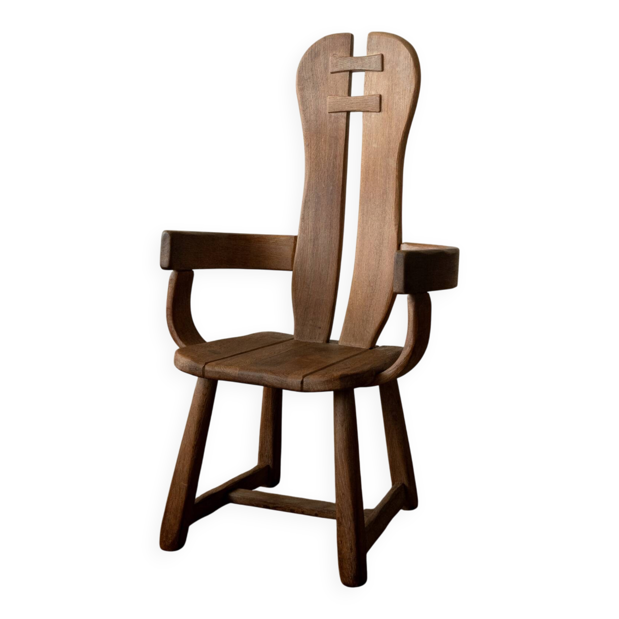 Brutalist Oak Armchair with Sculptural High Back by De Puydt, 1960s