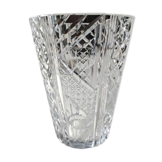 Vase vintage à col évasé en cristal taillé a décor de motifs géométriques/croisillons losanges