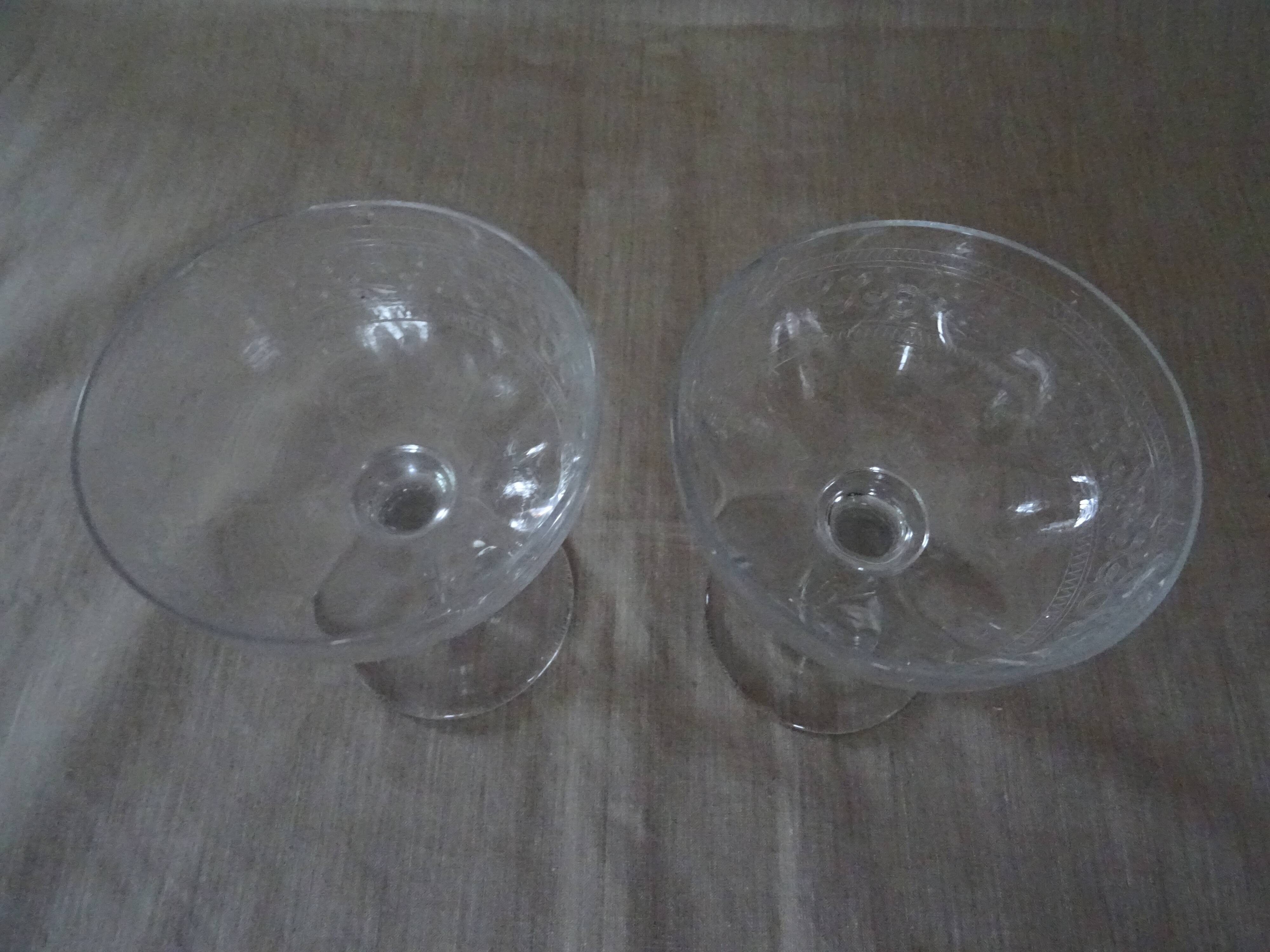 Pair of old crystal champagne glasses wide frieze right foot