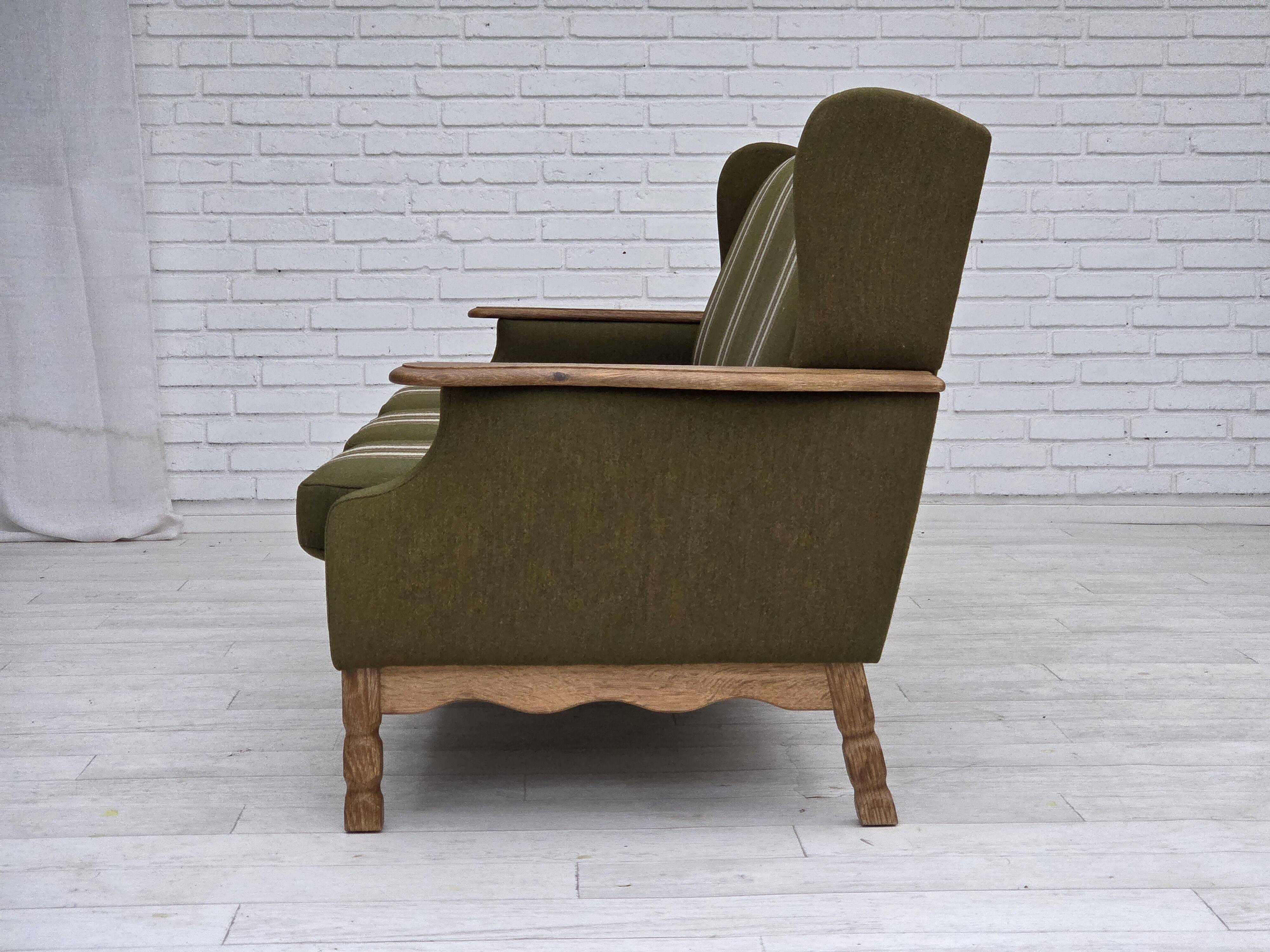 1970s, Danish 3-seater sofa, furniture wool, solid oak wood.