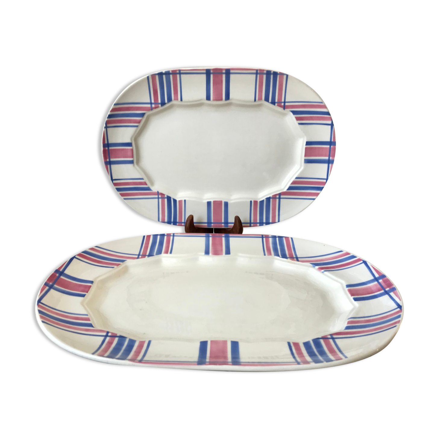Duo of rectangular dishes HBCM model "Scottish" pink and blue 50s