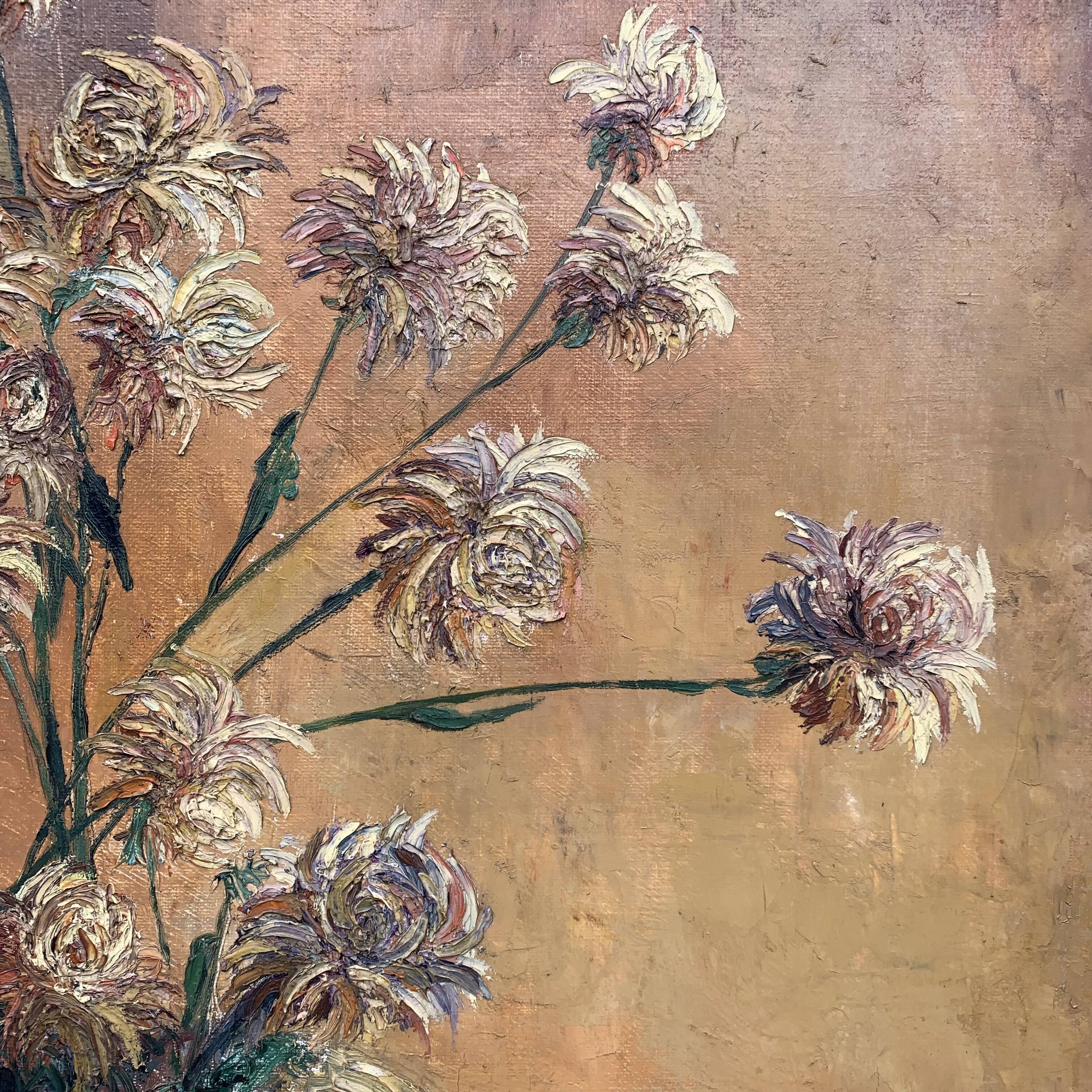 Oil on canvas still life with chrysanthemums