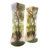 Paire de vases en verre à décor de paysage lacustre arboré début XXe LEGRAS
