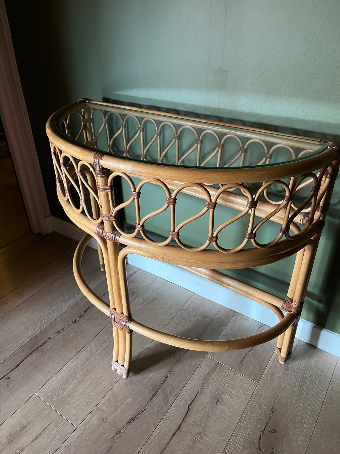 Vintage bamboo rattan half-moon console