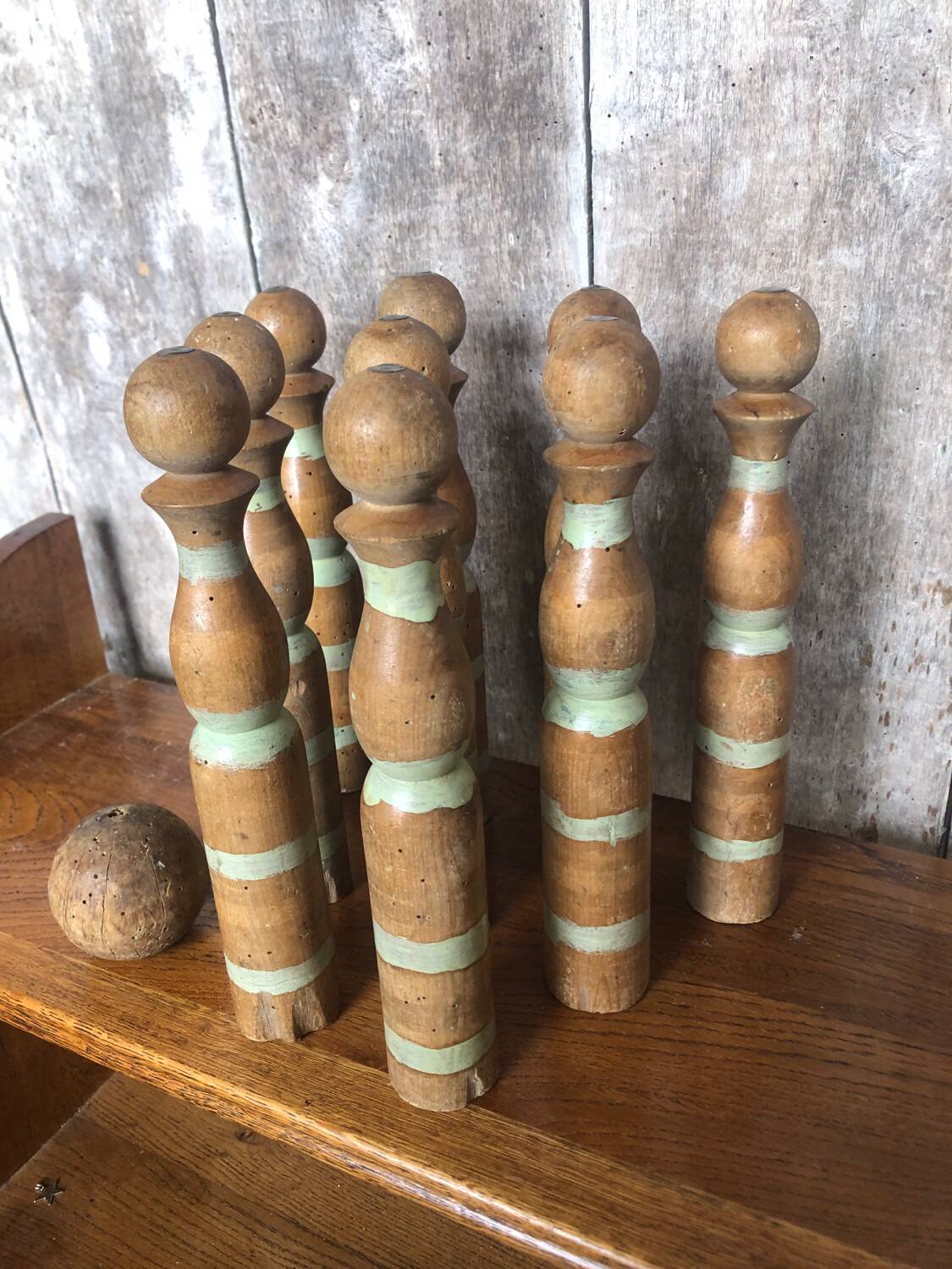 Old game of 9 skittles + vintage wooden ball