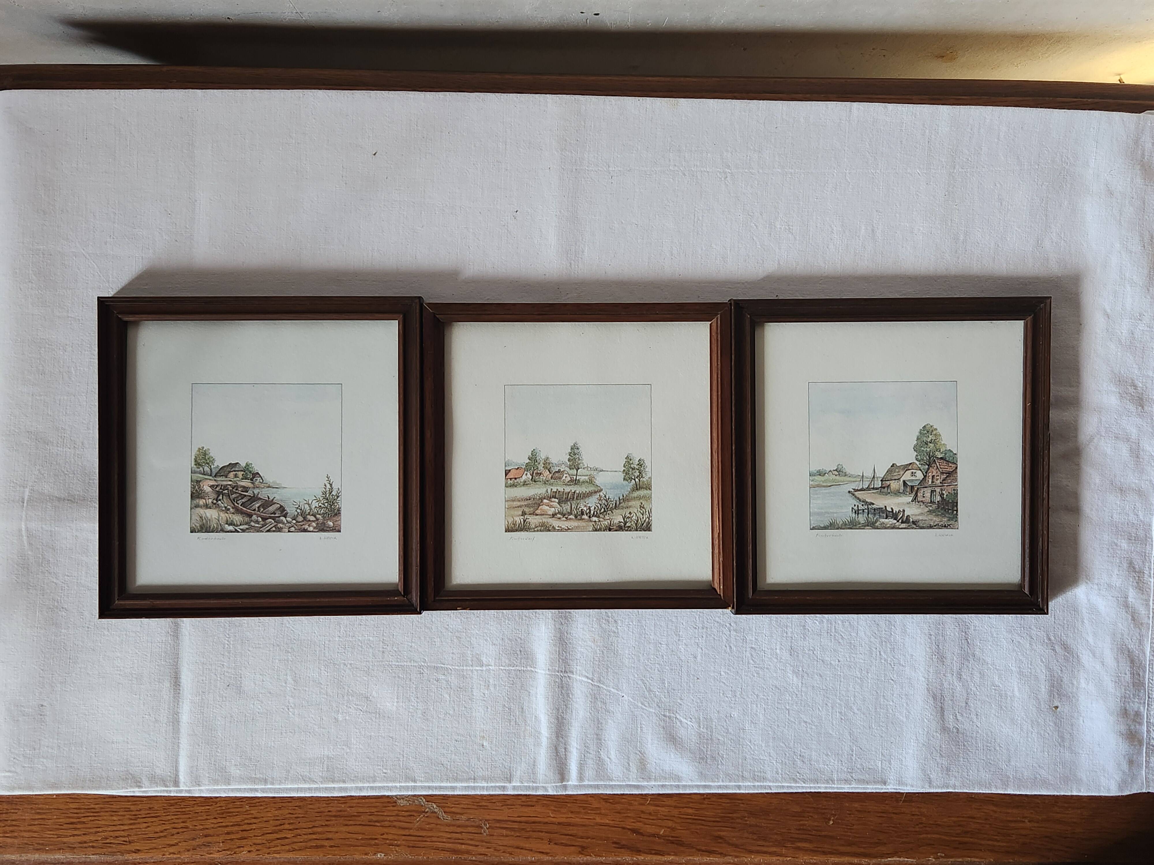 Vintage 3x Ludwig Urack Small German River Scene & Boats Art Prints