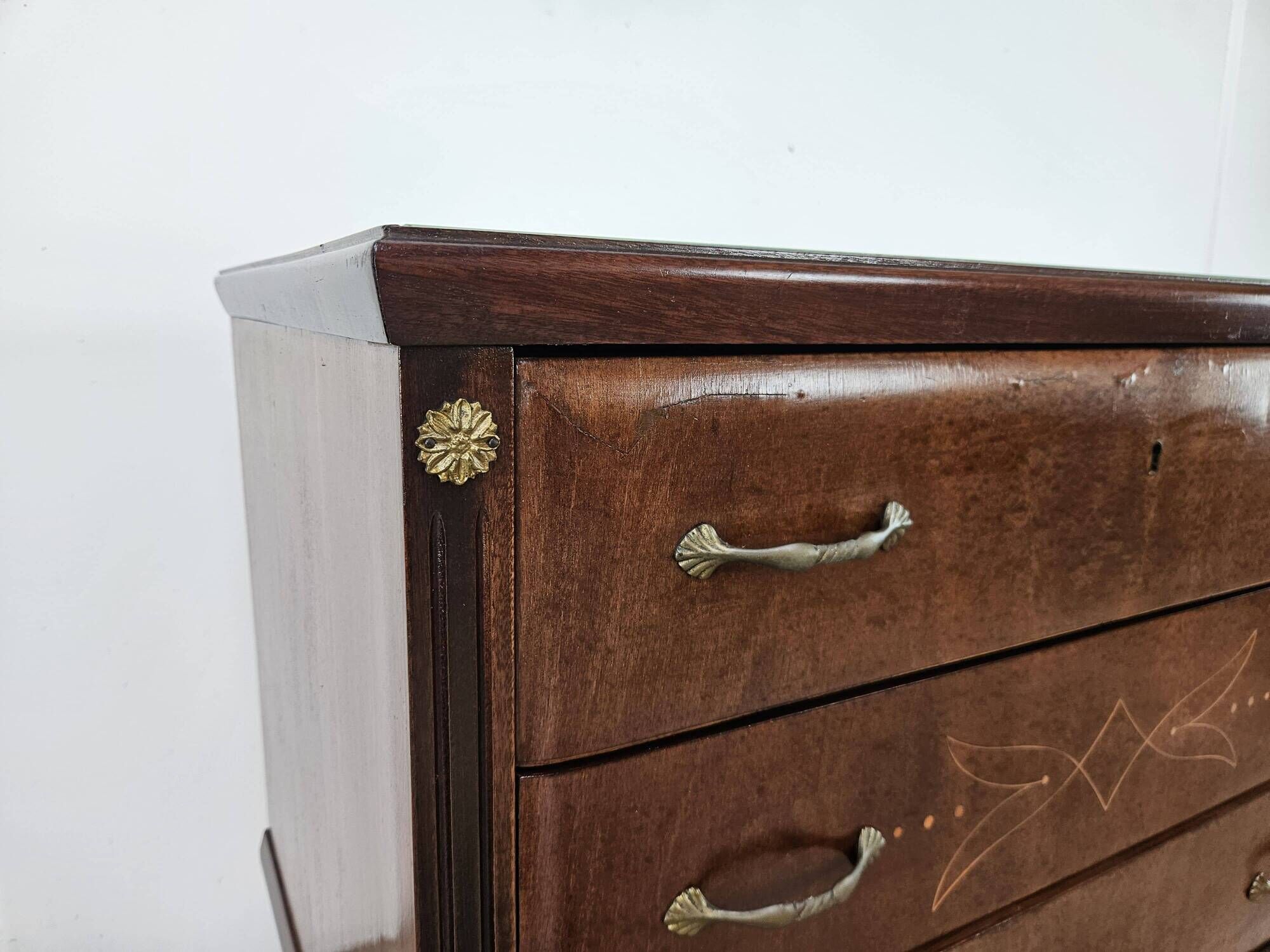 Vintage six-drawer oak chest of drawers with glass top, 1960