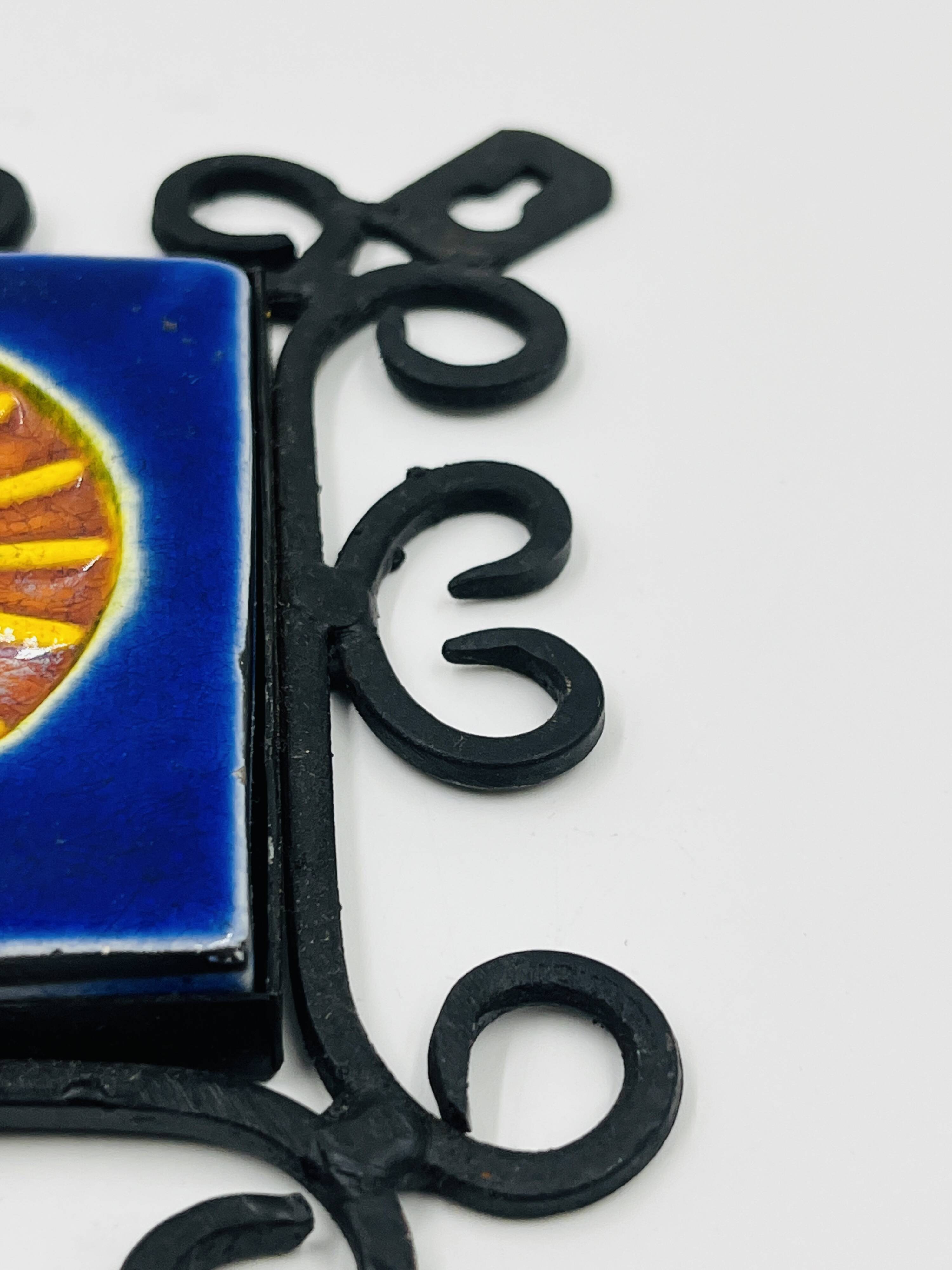 Brutalist Towel Holder Wrought Iron & Ceramic 1970