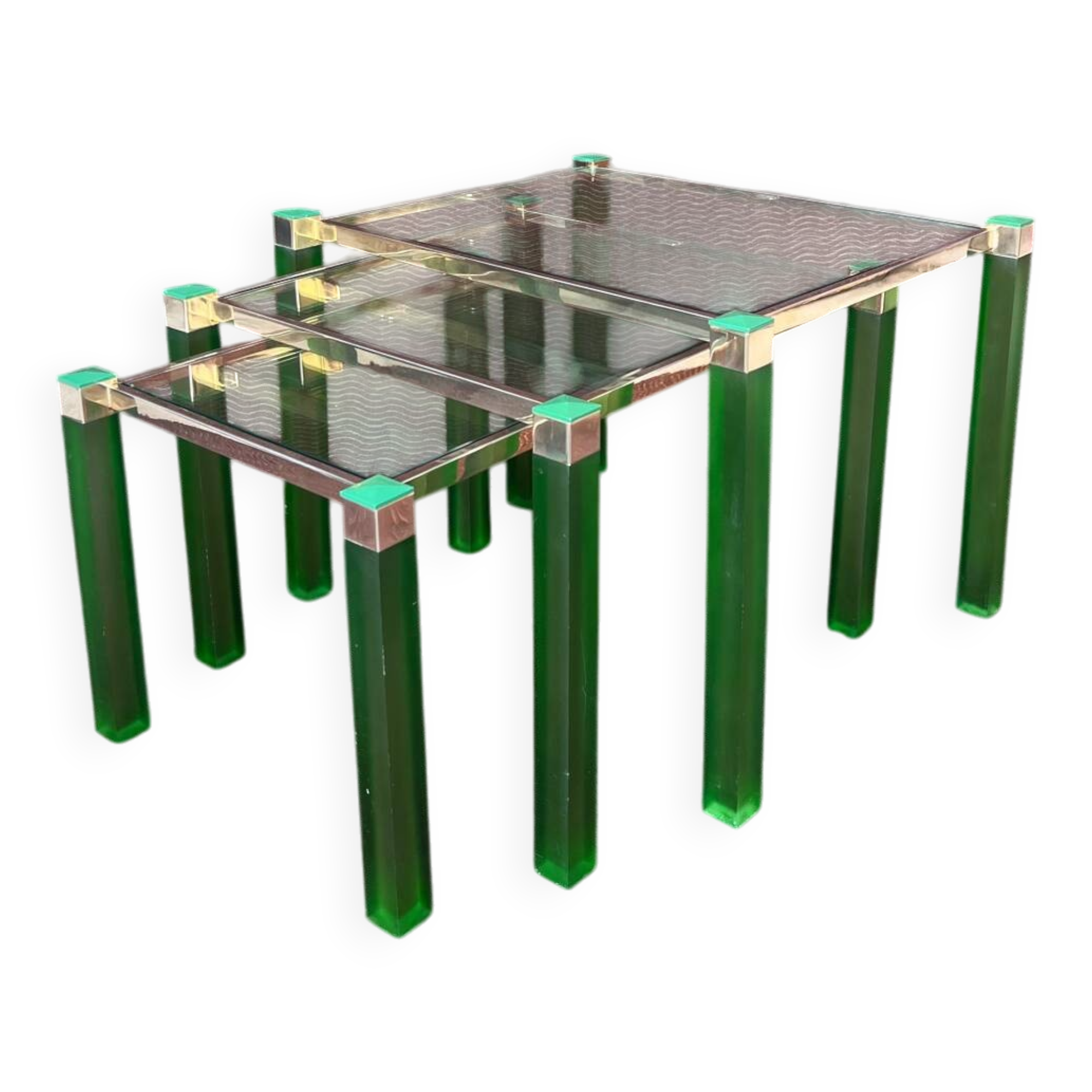 Ensemble de 3 tables gigogne vintage 1970 hollywood regency metal dore